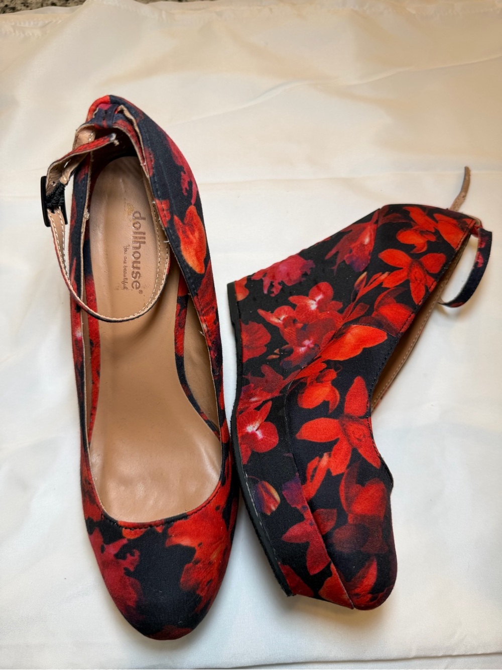 Dollhouse Black & Red Floral Ankle-Strap Platform Heels